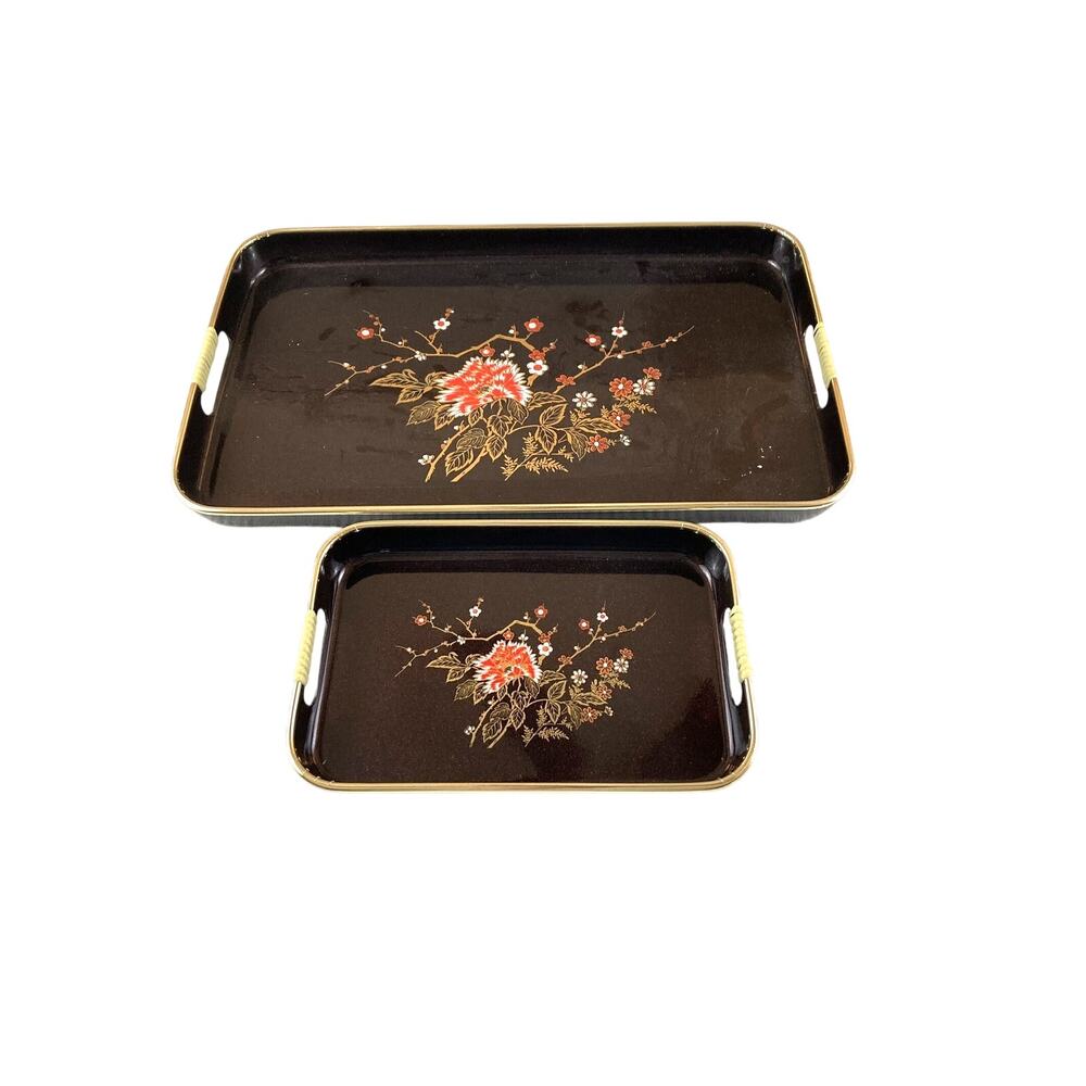 Black Lacquerware Trays Vintage Jay Import Co Pair Asian Floral Original Box